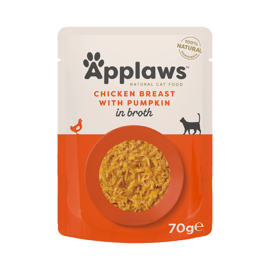 Applaws Natural Adult Wet Cat Food Chicken Breast with Pumpkin in Broth 12 x 70g Pouches 10554