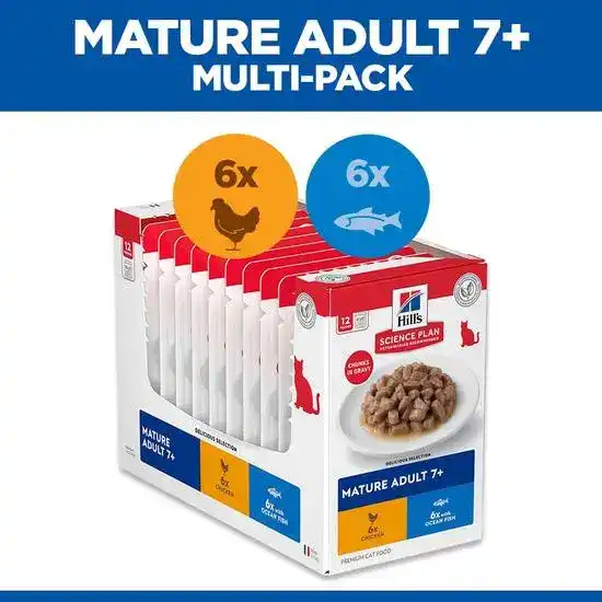 Hill's SCIENCE PLAN Mature Adult Wet Cat Food Multipack with Chunks in Gravy with Chicken & Ocean Fish 85g Pouches 2359