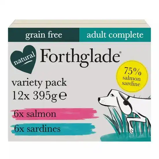 Forthglade Grain Free Complete Adult Wet Dog Food Salmon & Sardines Variety Pack 12 x 395g Trays 17554