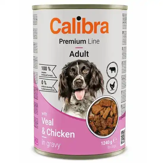 Calibra Premium Line Adult Wet Dog Food Veal & Chicken in Gravy 12 x 1240g Cans 18011