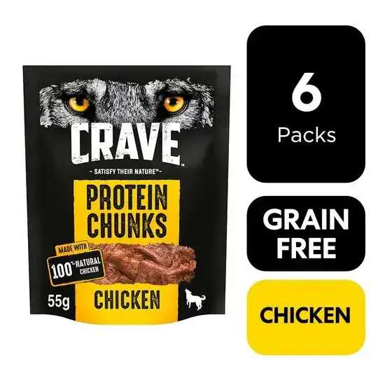 CRAVE Protein Chunks Grain-Free Dog Treats with Chicken 6 x 55g 16283