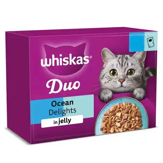 Whiskas 1+ Adult Wet Cat Food Duo Ocean Delights in Jelly 85g Pouches 18408
