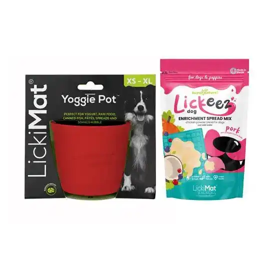 LickiMat Dog Calming Bundle: Yoggie Pot Slow Feeder Bowl & Lickeez Pork Enrichme 19530