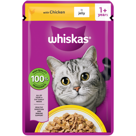 Whiskas 1+ Adult Wet Cat Food with Chicken in Jelly 28 x 85g Pouches 18404