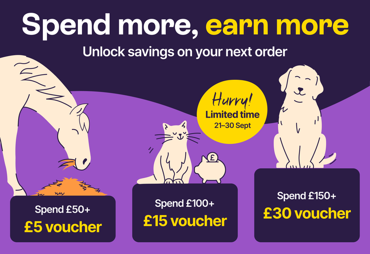 Spend more, earn more - Unlock savings on next order. Spend £50+ £5 voucher. Spend £100+ £15 voucher. Spend £150+ £30 voucher