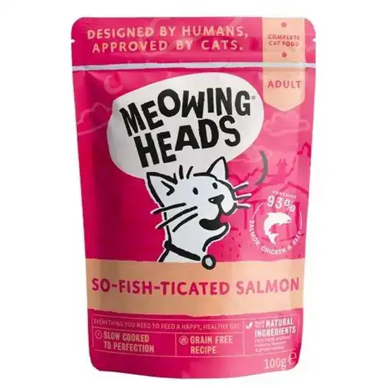 Meowing Heads Grain Free So-fish-ticated Salmon Adult Wet Cat Food 10 x 100g Pouches 18097