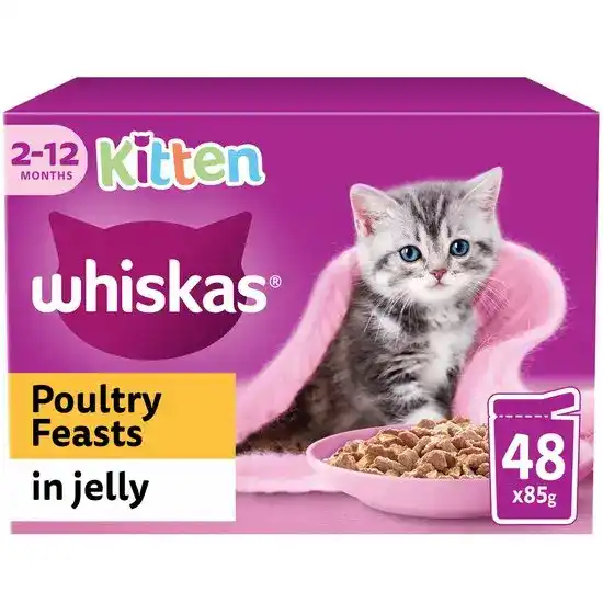 Whiskas Kitten Wet Food Poultry Feasts in Jelly 48 x 85g Pouches 17941