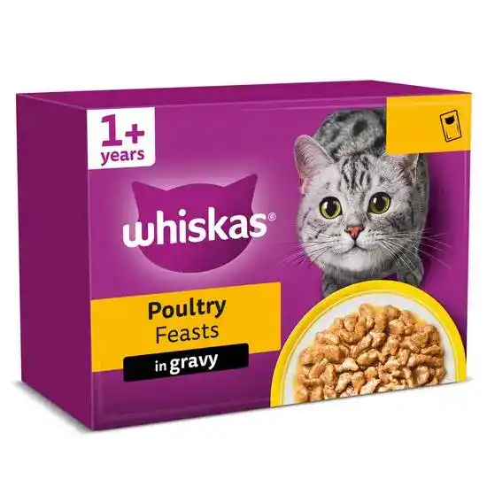 Whiskas 1+ Adult Wet Cat Food Poultry Feasts in Gravy 85g Pouches 18406
