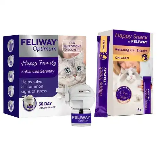 FELIWAY Calming Bundle for Cats: 30-Day Optimum Diffuser Starter Pack & Happy Sn 19000