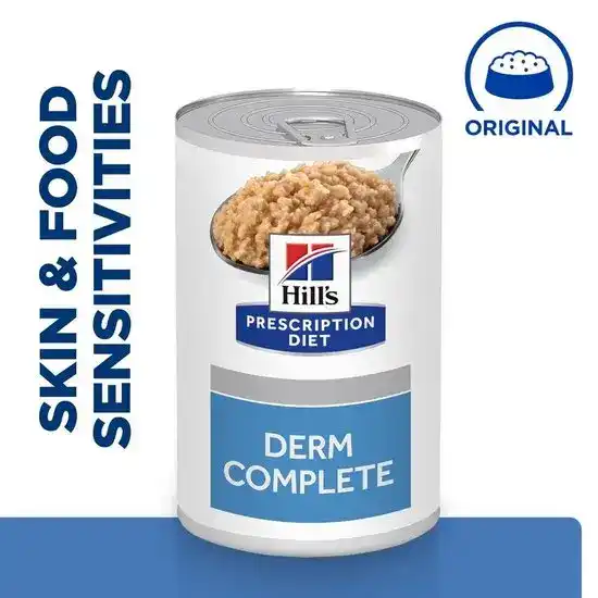 Hill's PRESCRIPTION DIET Derm Complete Skin Care & Food Sensitivities Wet Dog Food Original Flavour 12 x 370g Cans 16827