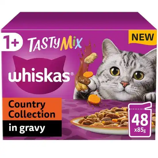 Whiskas 1+ Adult Wet Cat Food Tasty Mix Country Collection in Gravy 48 x 85g Pouches 17943
