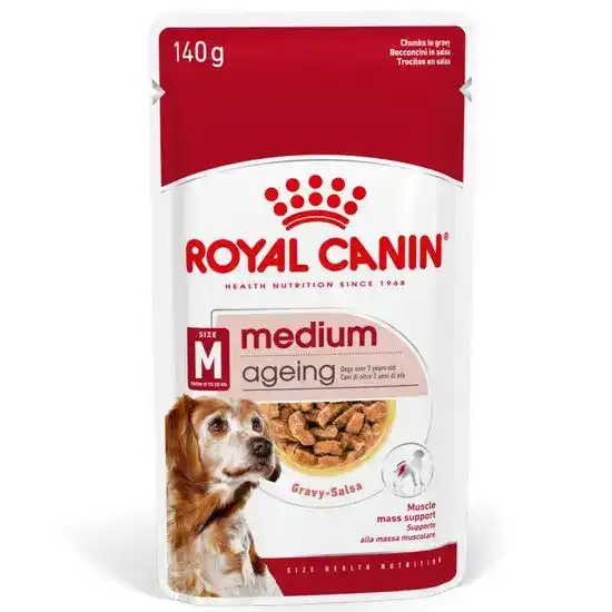 ROYAL CANIN Medium Breed Senior Ageing 7+ Wet Dog Food with Chunks in Gravy 10 x 140g Pouches 17328