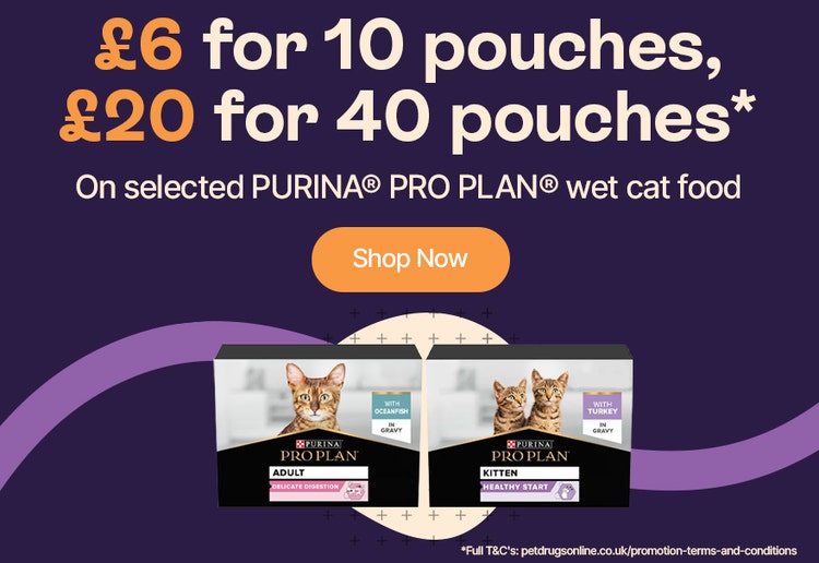 £6 for 10 pouches, £20 for 40 pouches* On selected Purina Pro Plan wet cat food