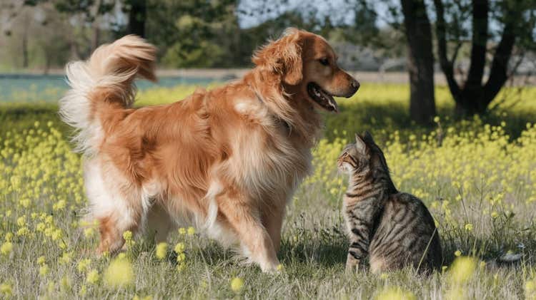 A golden retreiver and a tabby cat playing outside in the grass - Where do Pets Get Worms?