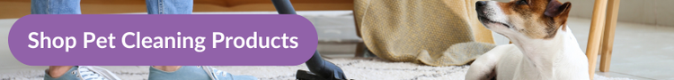 someone hoovering their living room rug while a jack russel dog watches with overlay text that reads &#34;Shop Pet Cleaning Products&#34;