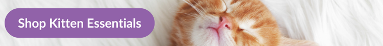 A ginger kitten sleeping in a white blanket with overlay text that reads &#34;Shop Kitten Essentials&#34;