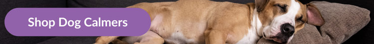 Tan and White crossbreed dog asleep on a sofa with overlay text that reads &#34;Shop Dog Calmers&#34;