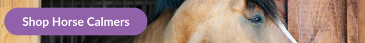 A brown and white horse with its head out a half-stable door with overlay txt that reads &#34;Shop Horse Calmers&#34;
