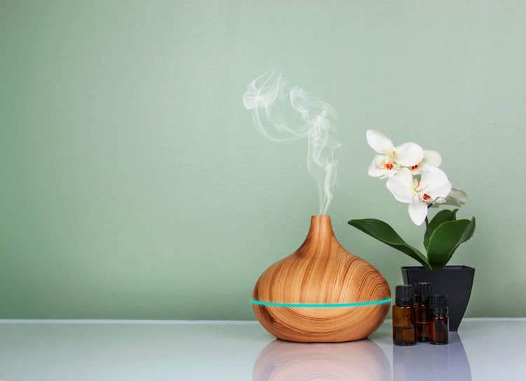A wodden-effect oil diffuser and a potted orchid against a sage green background