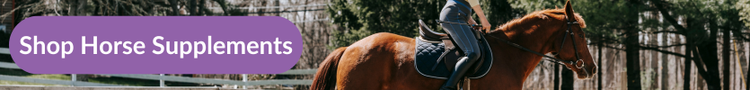 A rider on horseback riding around a fenced paddock with overlay text that reads &#34;Shop Horse Supplements&#34;