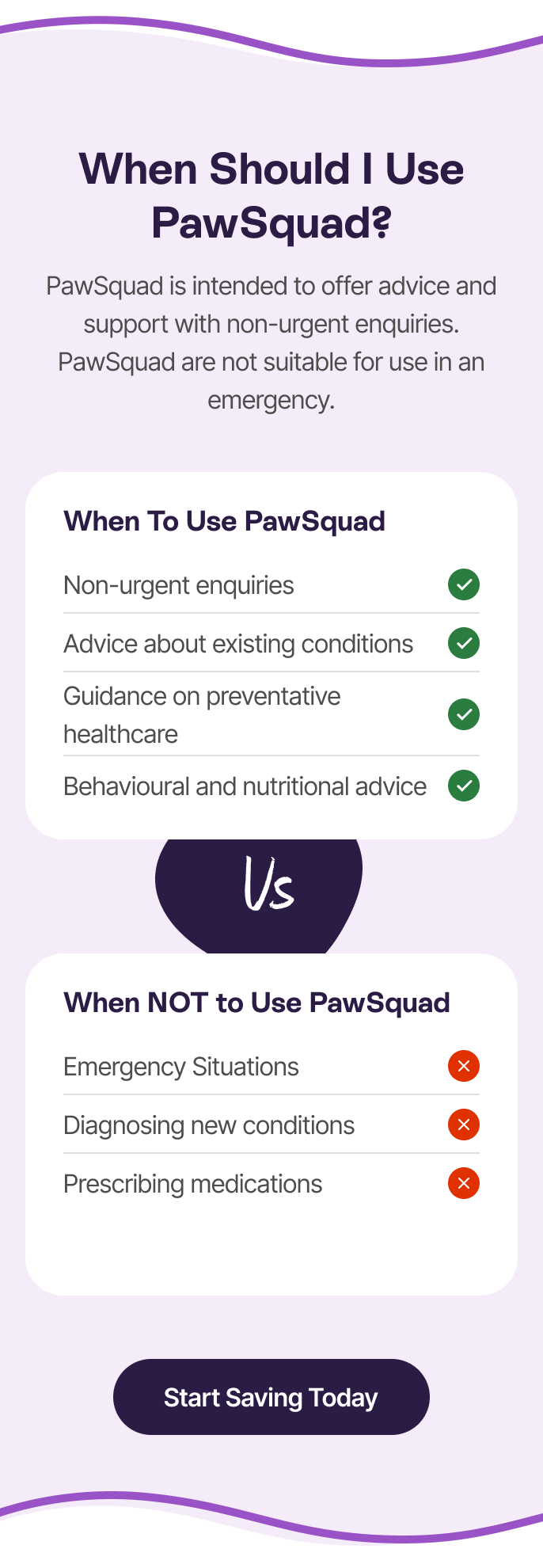 When Should I Use PawSquad? PawSquad is intended to offer advice and support with non-urgent enquiries. PawSquad are not suitable for use in an emergency. When To Use Paw Squad Non-urgent enquiries Advice about existing conditions Guidance on preventative healthcare Behavioural and nutritional advice When Not to Use Pawsquad Emergency situations Diagnosing new conditions Prescription medications