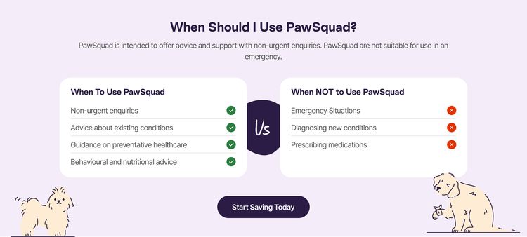 When Should I Use PawSquad? PawSquad is intended to offer advice and support with non-urgent enquiries. PawSquad are not suitable for use in an emergency. When To Use Paw Squad Non-urgent enquiries Advice about existing conditions Guidance on preventative healthcare Behavioural and nutritional advice When Not to Use Pawsquad Emergency situations Diagnosing new conditions Prescription medications